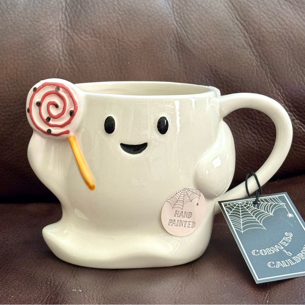 Ghost with Lollipop Hand Painted Figural Halloween Mug - Cobwebs and Cauldrons